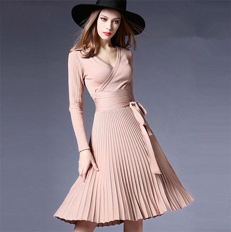 Women v neck pleated wrap a-line knitted dress bow tie sashes long sleeve female Autumn Spring mid calf vestidos B: Pink