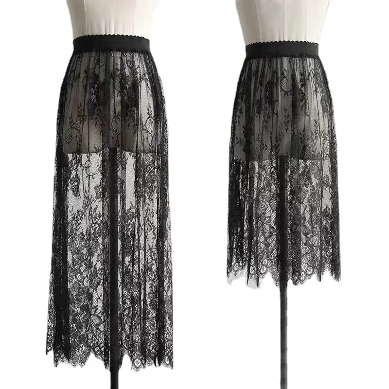 2-lengte elegante zwarte rok wit kant transparant lange tule rok dames elastische hoge taille strand midi rok