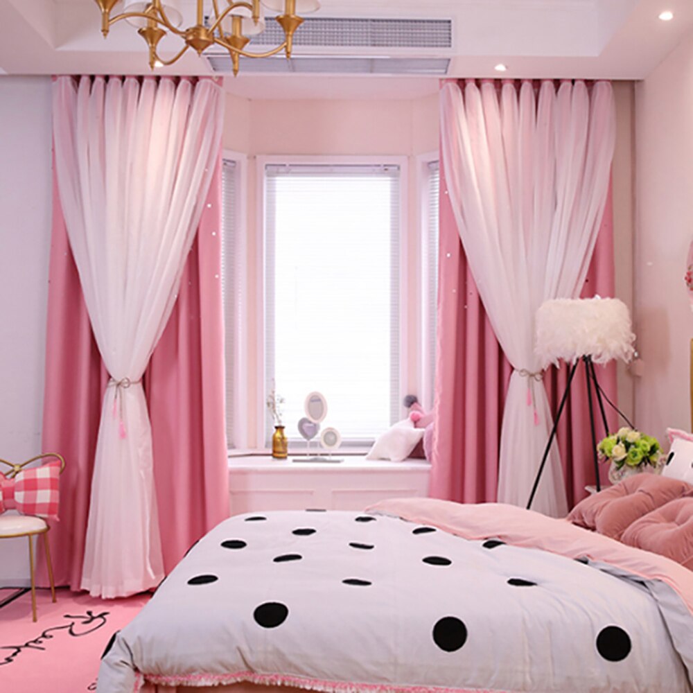 Koreaanse Dubbele Roze Prinses Gordijnen Voor Woonkamer Hollow Stars Kant Gordijn Voor Slaapkamer Schaduw Gordijn Tulle Doek Kamer Supply