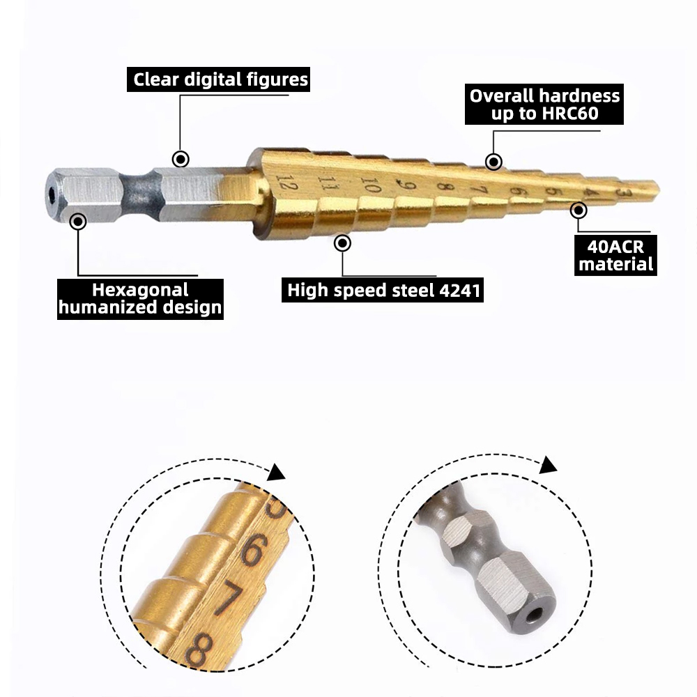 Step Drill Bit Set For Wood Metal Drills Stepped Drill Bits Multifunction Tools Woodworking Cone