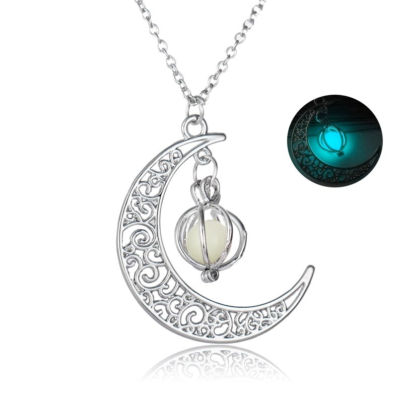 Luxe Glow In The Dark kettingen Lichtgevende Maan en Pompoen hanger Kettingen Voor vrouwen Mode-sieraden Accessoires: Blue-Green