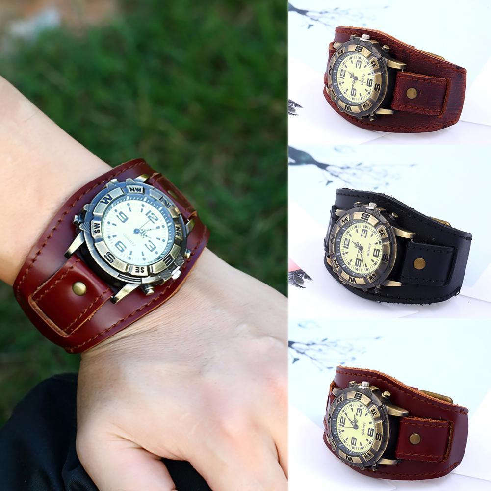 Jahrgang Frauen Männer Punk Faux Leder Runden Zifferblatt Quarz Armbinde Armbanduhren