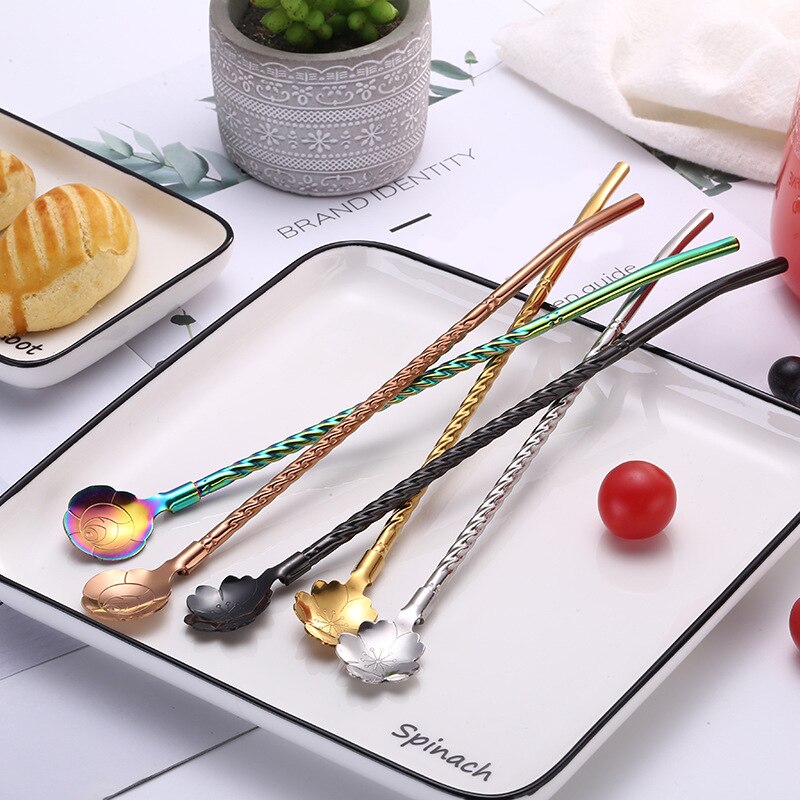 Cuillère en paille Rose torsadée, 1 pièce, fleurs de cerisier, longue paille dorée Portable réutilisable en acier inoxydable, cuillère à remuer pour Cocktail et café