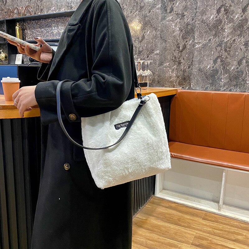 Vinter plys mini taske leopard print label skulder bøtte tasker til kvinder hasp større kapacitet fløjl shopper underarm taske