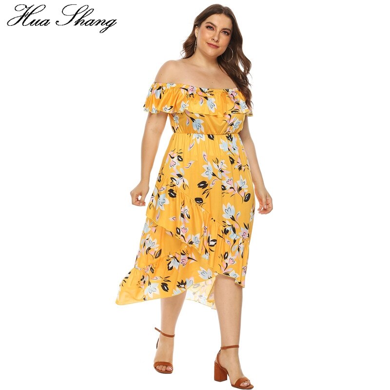 Off Shoulder Dress Plus Size Women Summer Ruffles Slash Neck Short Sleeve Floral Print Boho Beach Dresses Tunic Irregular Dress
