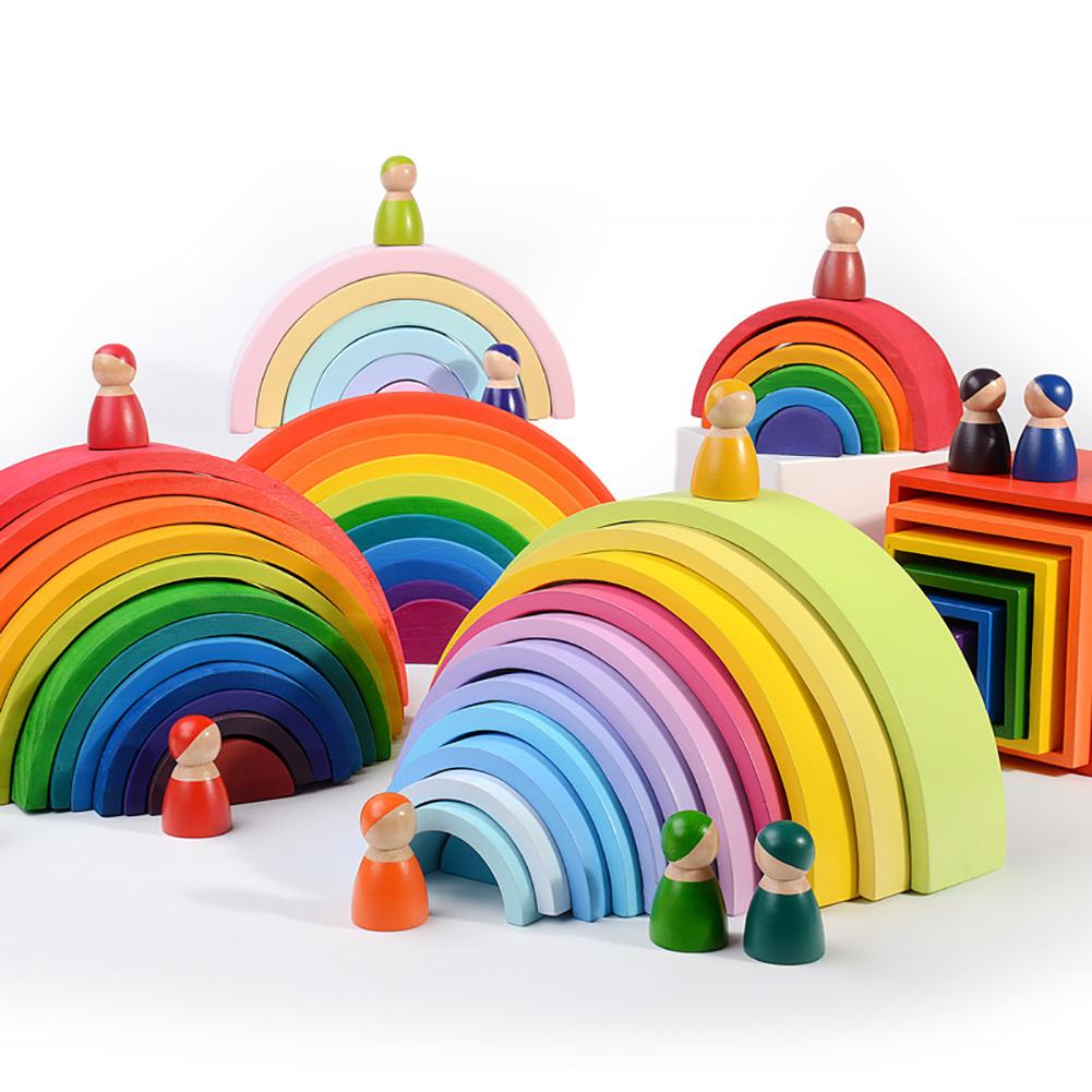 12 Puzzles Wooden Rainbow Tunnel Stacker Nesting Sculpture Building Kids Toy