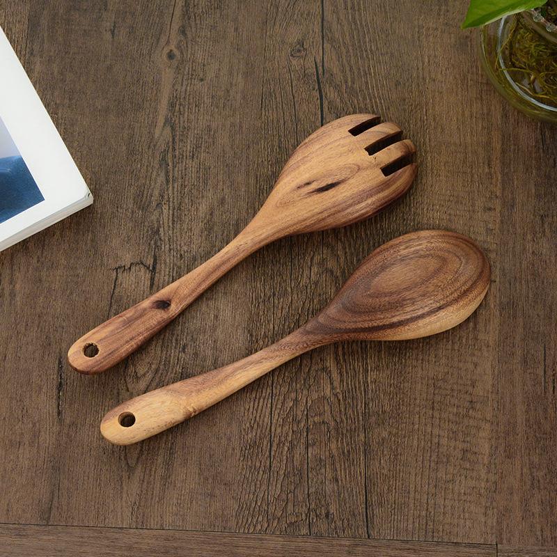 Large Wooden Spoon Set Big Salad Serving Spoon Fork Natural Wood Tablespoon Long Handled Cooking Spoon Kitchen Utensils