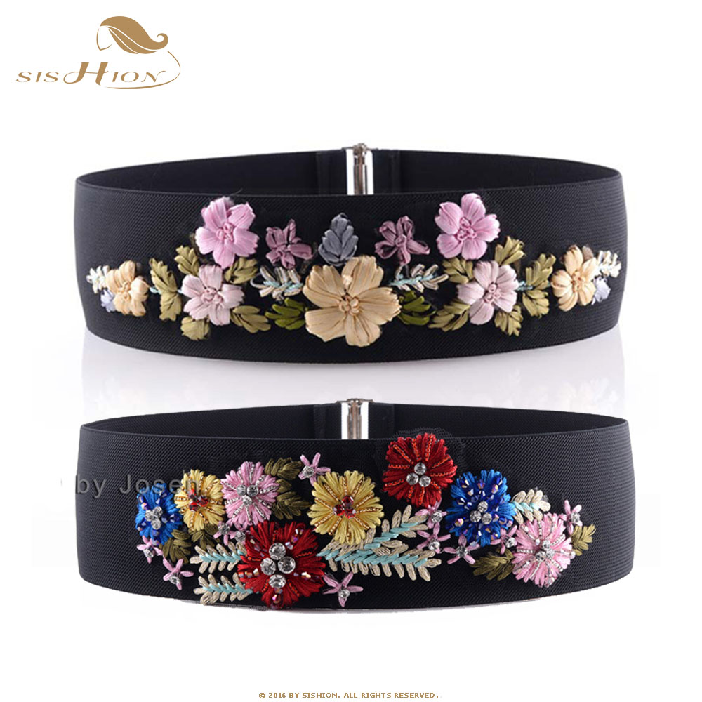SISHION Embroidered Black Women Belt VD1229 Flower Floral Waist Corset Beautiful Stretch Elastic Waistband Wide