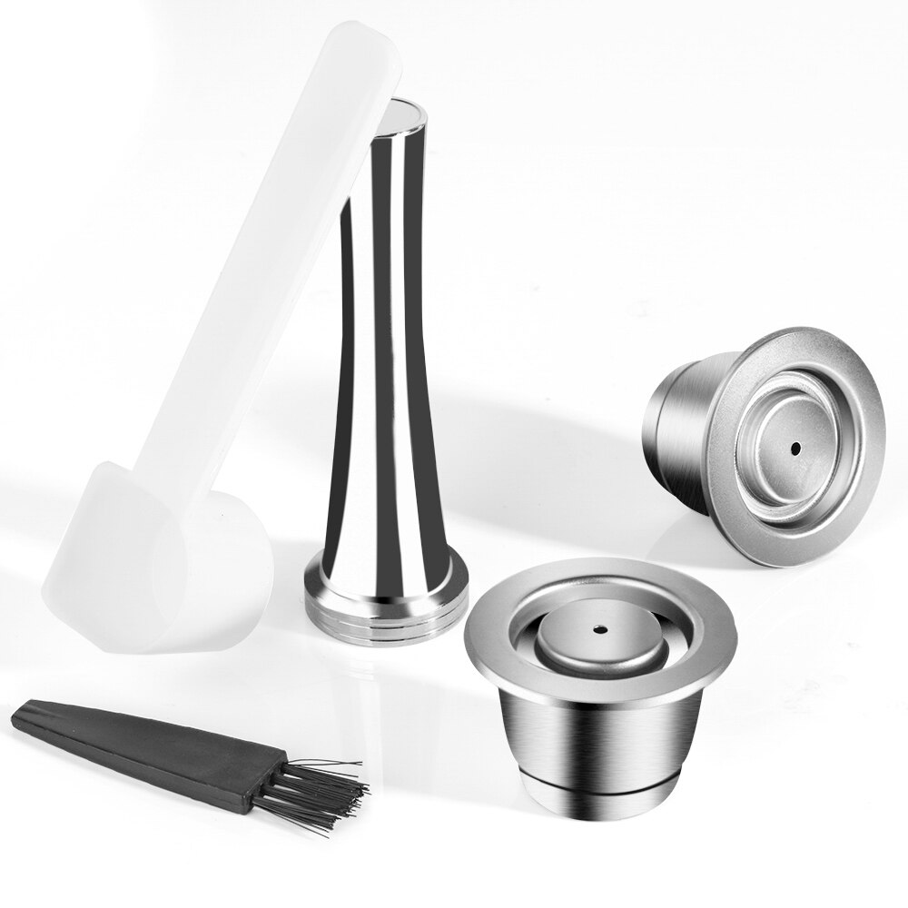 ICafilasICafilas 4pcs/Sets Stainless Metal Reusable For Nespresso Capsule With Press Coffee Grinds Tamper Espresso Coffee Maker: Burgundy
