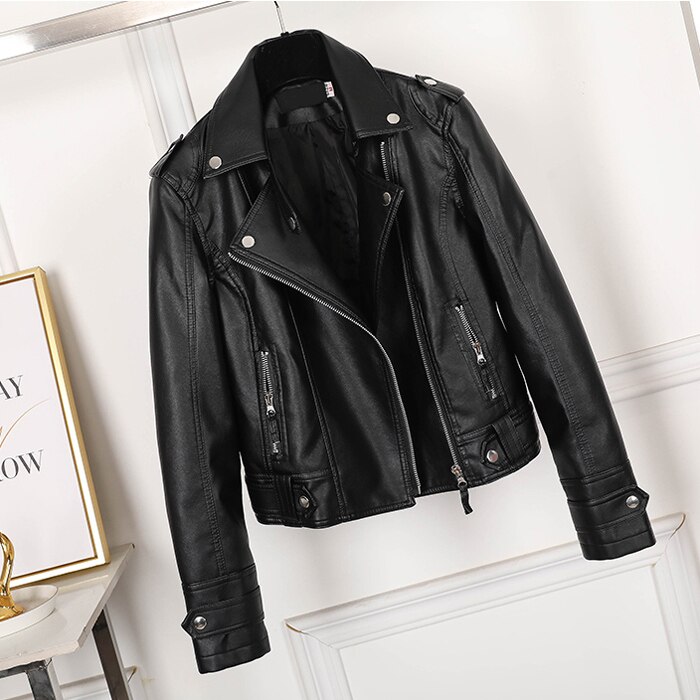 Sungtin Women Faux Leather Jacket Beige Casual Slim Motorcycle Biker Leather Coat Female Punk Streetwear Spring Autumn Jackets: black / XL