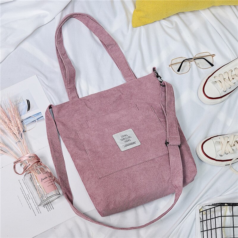 Women Warm Corduroy Tote Ladies Casual Canvas Shoulder Bag Soft Crossbody Bags Beach Bag Striped Cloth Female Handbag Books Bags: Pink