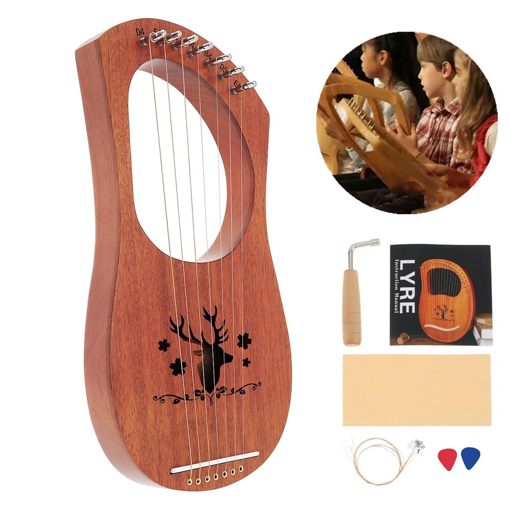 7 String Lyre Harp Solid Mahogany Wood Carving Reindeer with Tuning Hammer String Instrument