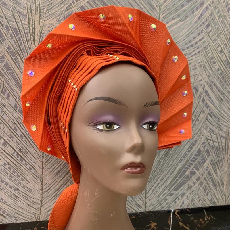 Kvinder stil hovedindpakning med rhinestone tørklæde kasket hat pandebånd turban afrikansk bryllup nyeste auto gele klar til at bære så oke: Orange 1