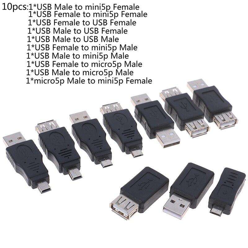 10pcs/set USB Adapter Gadgets OTG USB Male To Female Micro USB Mini Changer Adapter Converter