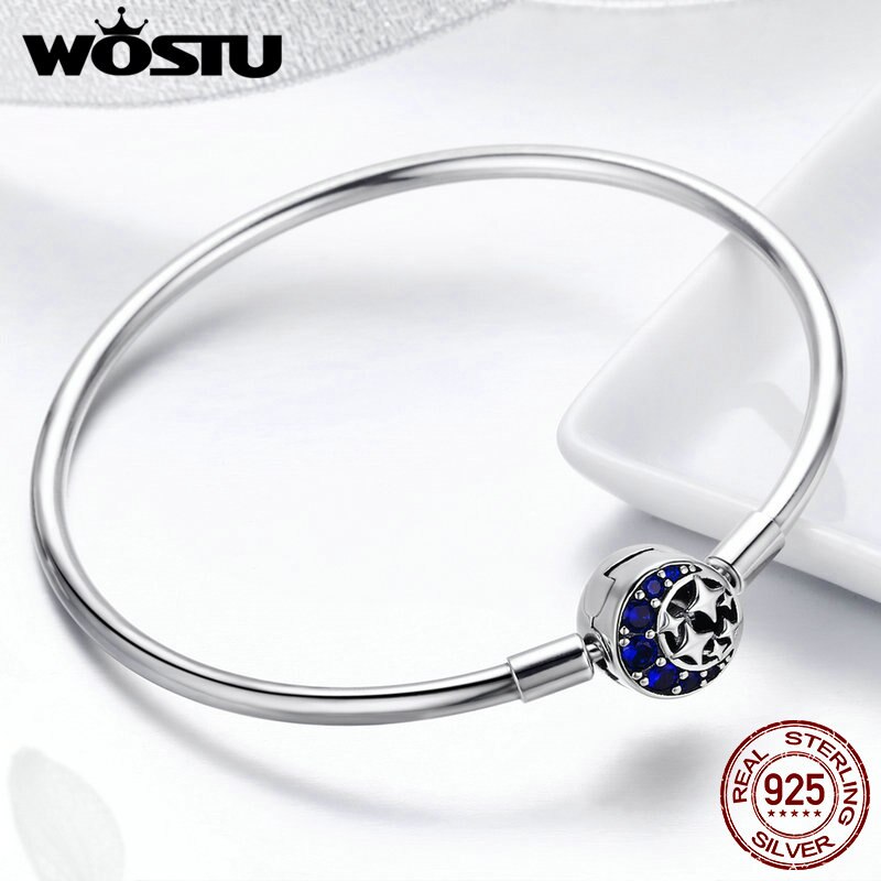 Wostu authentic 925 prata esterlina lua & estrelas céu azul charme pulseira para mulheres original moda jóias amante presente cqb080