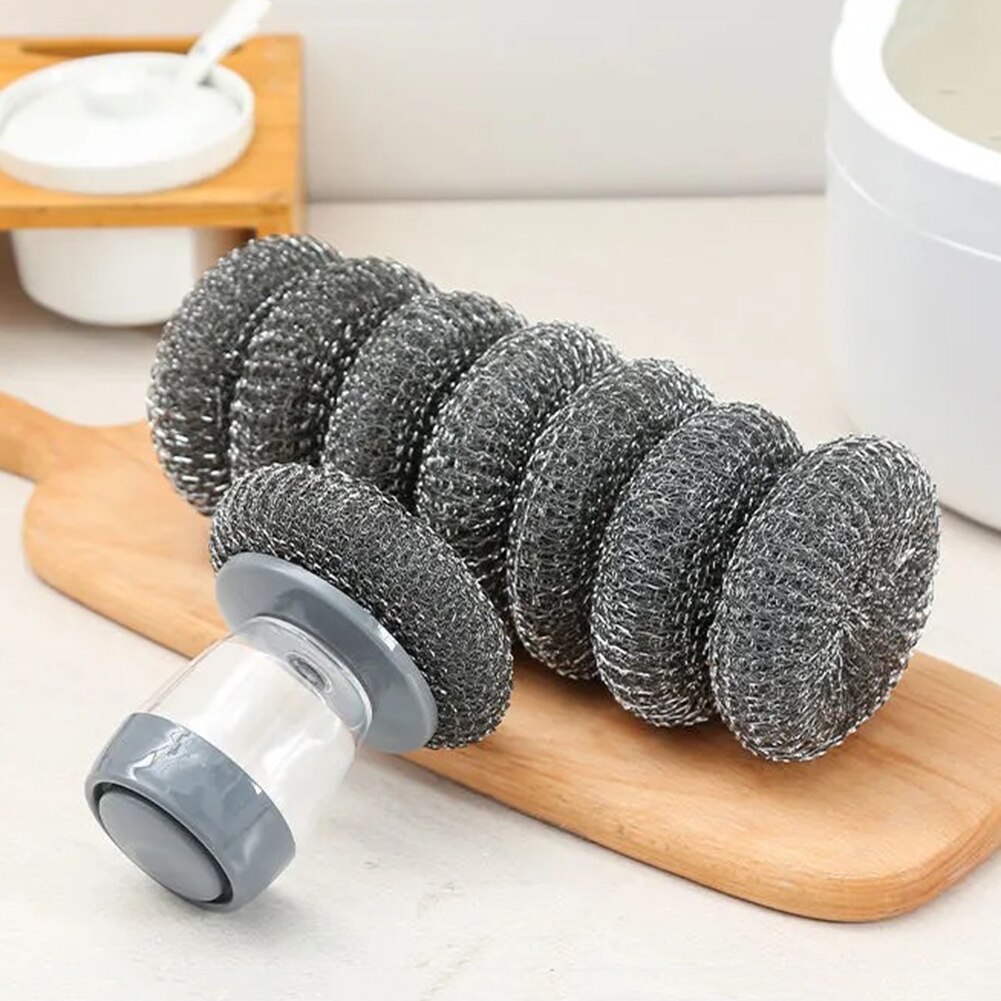 Soap Dispensing Palm Brush with Storage Tank Steel Wire Ball Dish Pot Cleaning Scrubber Brush Kitchen Accessories