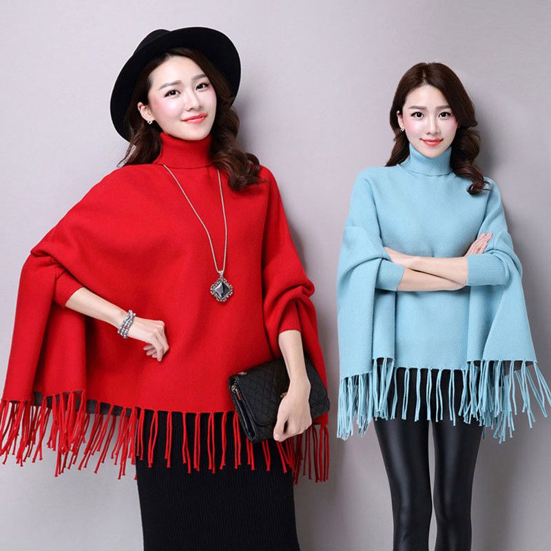 Otoño Invierno mujer Casual Pullover mujeres capa con borlas de punto capa suelta Boho Poncho capas chal suéter sólido abrigo A70