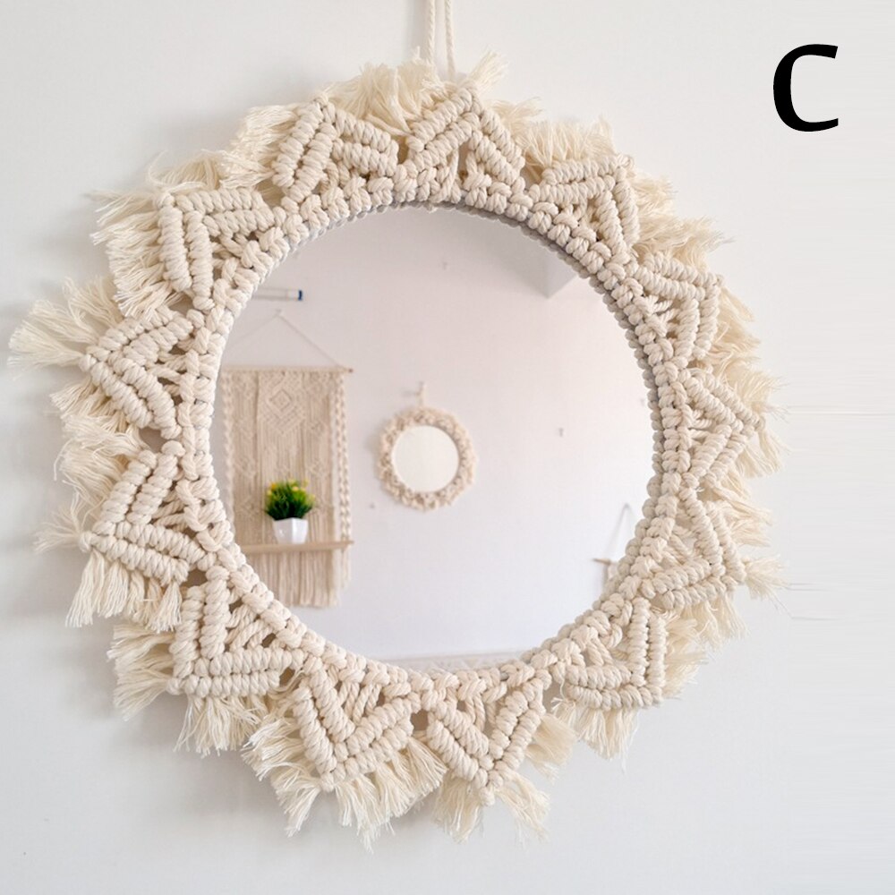 Macrame espelho artesanal tapeçaria maquiagem espelho charme iluminado compacto casa quarto decorativo parede pendurado espelhos decoração da sua casa: C