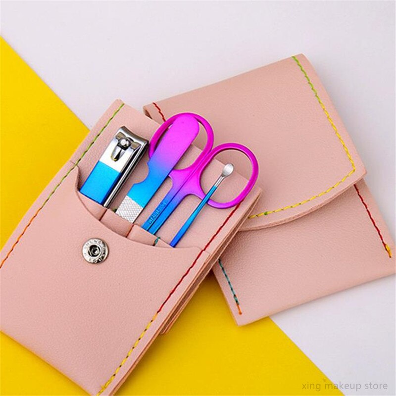 1 Set Rainbow Grandient Manicure Nail Kits Stainless Steel Nail Clippers Set Acne Needle Toenail Grooming Sets 30#: 4pcs
