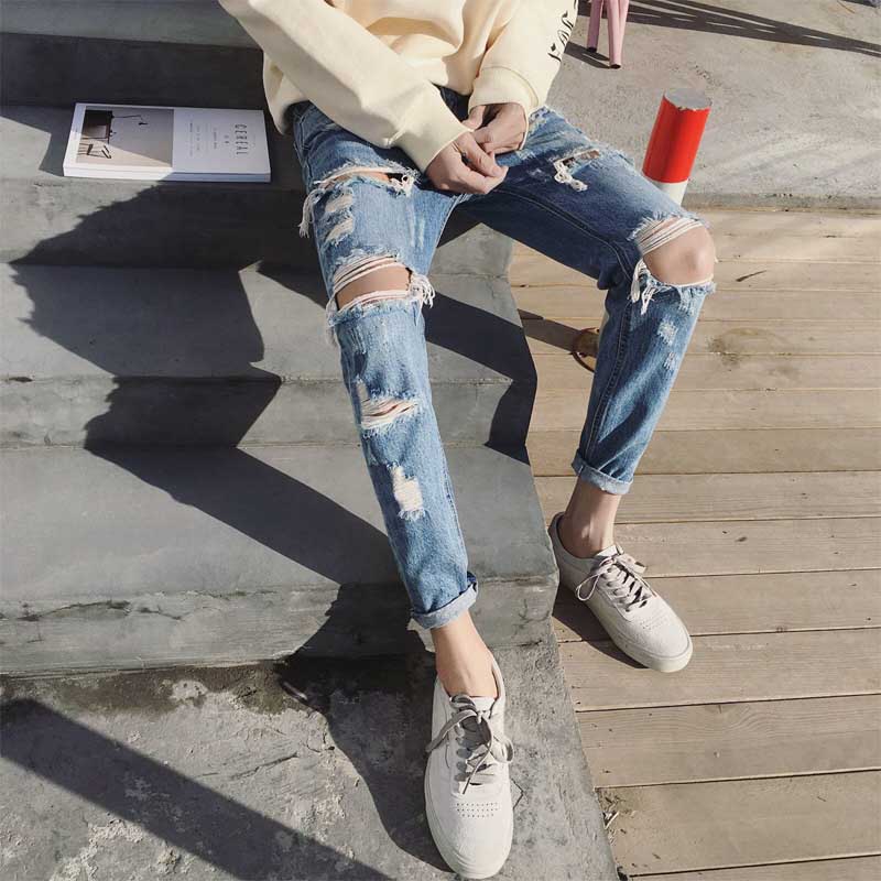 Pantalones vaqueros rasgados de de verano para hombre, pantalones delgados de estilo coreano de estilo hip hop