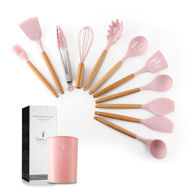 12 pièces Silicone ustensiles de cuisine ustensiles de cuisine ensemble résistant à la chaleur cuisine antiadhésive ustensiles de cuisine outils de cuisson: Rose