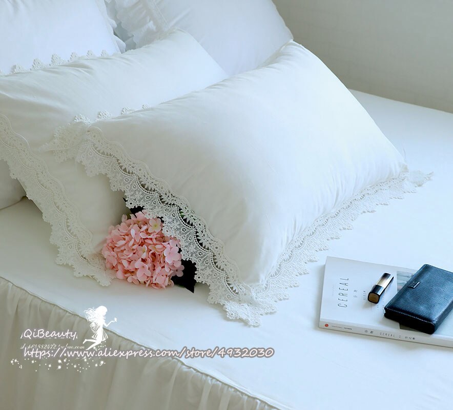 Prinsesse rent hvidt dobbelt lag blonder flounced bomuld bryllup rent bomuld sengetøj pudebetræk pudebetræk: Pt008
