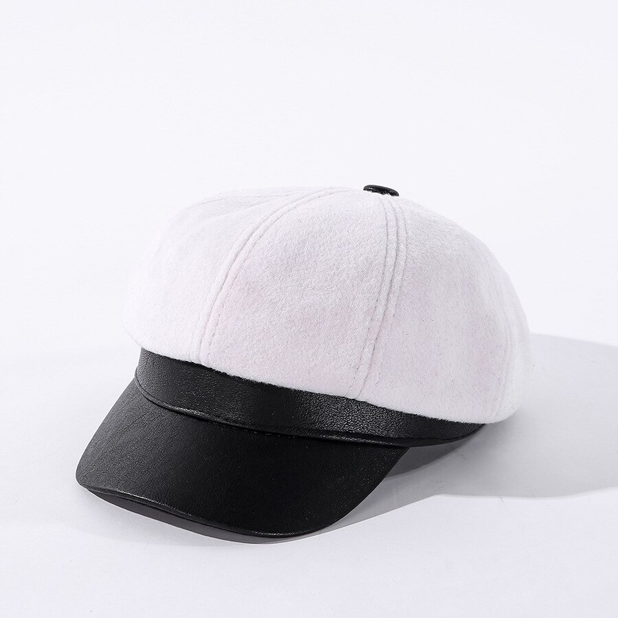 COKK Octagonal Hat Women's Winter Autumn Leather Brim Beret Women Retro British Painter Cap Hats For Women's Cap Gorros: white