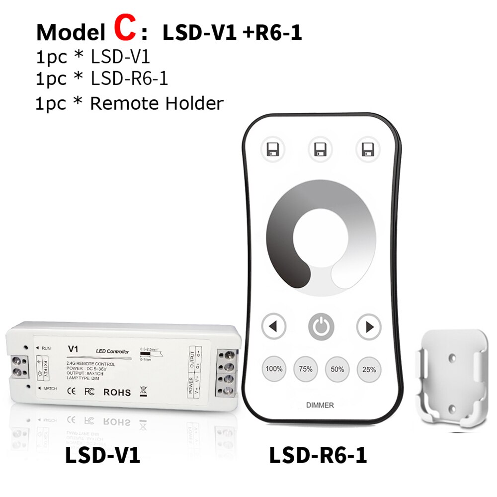 Lisxchda-regulador de intensidad LED, 12V, 5V, 24V, 36V, 8a, PWM, inalámbrico, regulador de intensidad con encendido apagado, con mando a distancia de 2,4G para cinta de LED de único Color: C Model