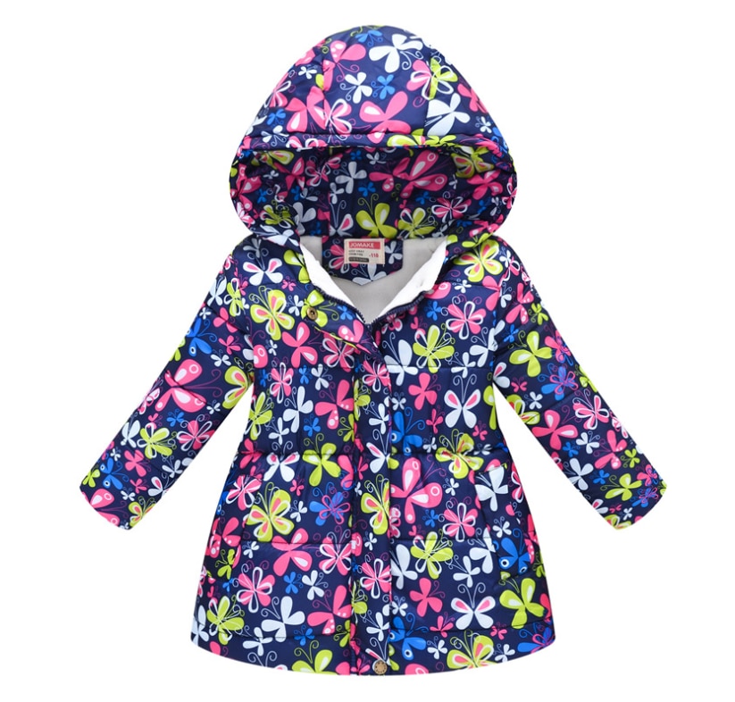 I bambini di Inverno della ragazza con Cappuccio Imbottiture Giacca, cerniera lampo Lunga Bottoni Fiore Stampato Tuta Sportiva del Cappotto