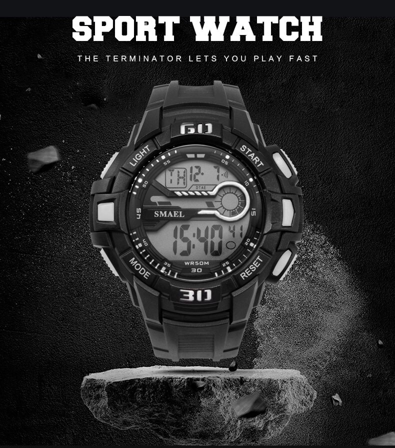 Sport Horloges 5Bar Water Weerstaan Smael Brand Led Horloges Automatische Alarm Horloge Mannen Grote Wijzerplaat 1513 Digitale Pols Horloges Waterdicht