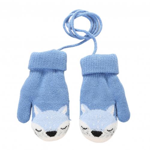 Kinderen winter dikke warme schattige cartoon vos dubbellaags gebreide handschoenen wanten met touw hang handschoenen aan kindernek: Blauw