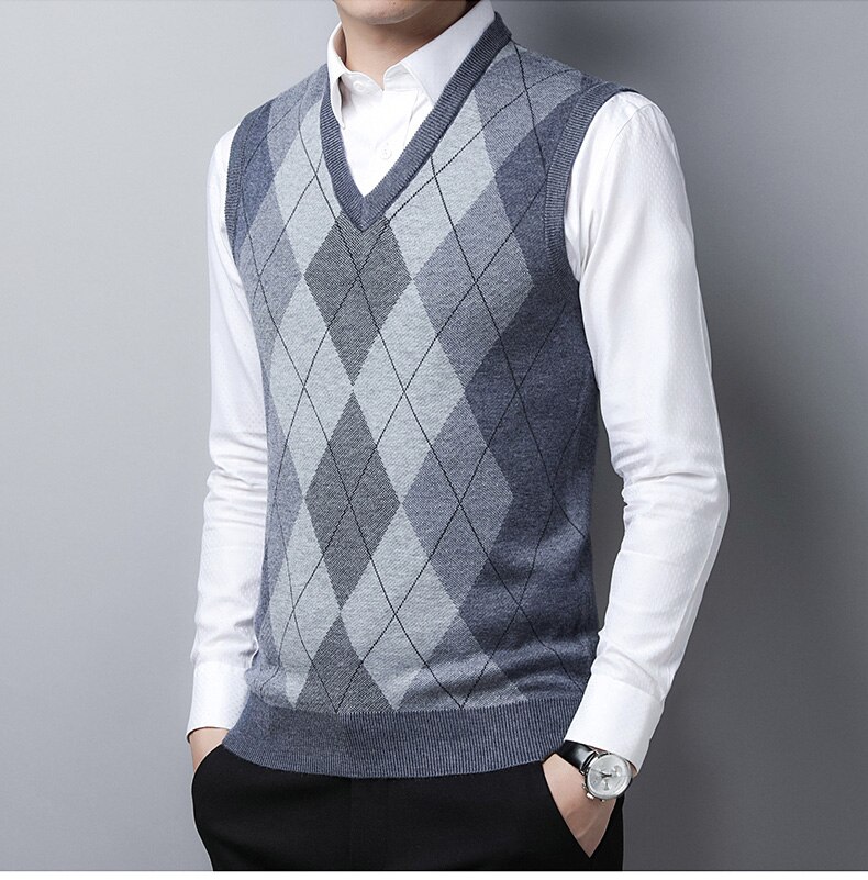 Manlig tjock tröja väst höst argyle mönster ärmlös tröja tröja casual man ull tröja väst: Grå / M
