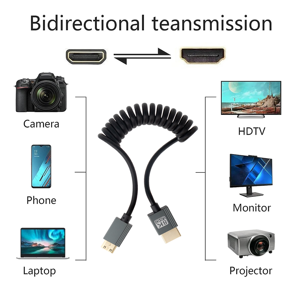 1m bärbara 8k uhd-spiralkablar mini/micro hdmi-kompatibel stretchfjäderkabel för pc bärbar dator surfplatta kamera dv skärm hdtv