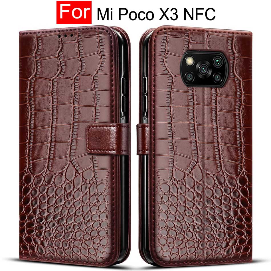 Funda con tapa magnética para Xiaomi MI Poco X3 NFC, tarjetero de cuero de lujo con Soporte para tarjeta de funda de cartera, NFC: For MI Poco X3 NFC / Deep Brown