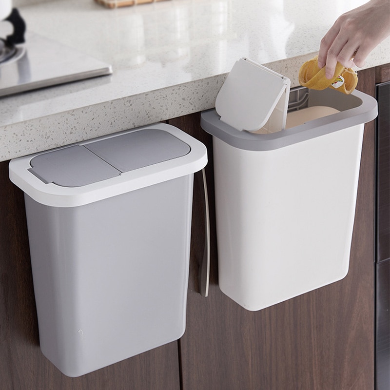 Kitchen Cabinet Door Hanging Trash Can with Lid Wall-mounted Waste Baskets Push-top Trash Garbage Bin Can Rubbish Container