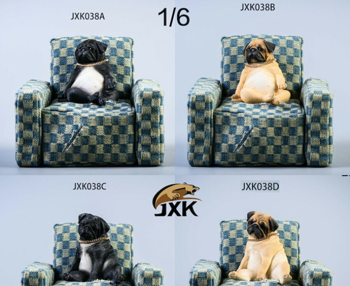 JXK 1:6 Scale Decadent Pug 2.0 with Sofa Dog Pet Healing Figure Canidae Animal Collector Toy Resin Desktop Decoration