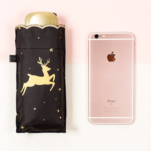 Mini Rosa Tasche Regenschirm Frauen Uv Kleinen Regenschirm Hirsch Druck Sonne Regen Damen Schwarz Beschichtung Fünf-Falten Bumbershoot: Schwarz