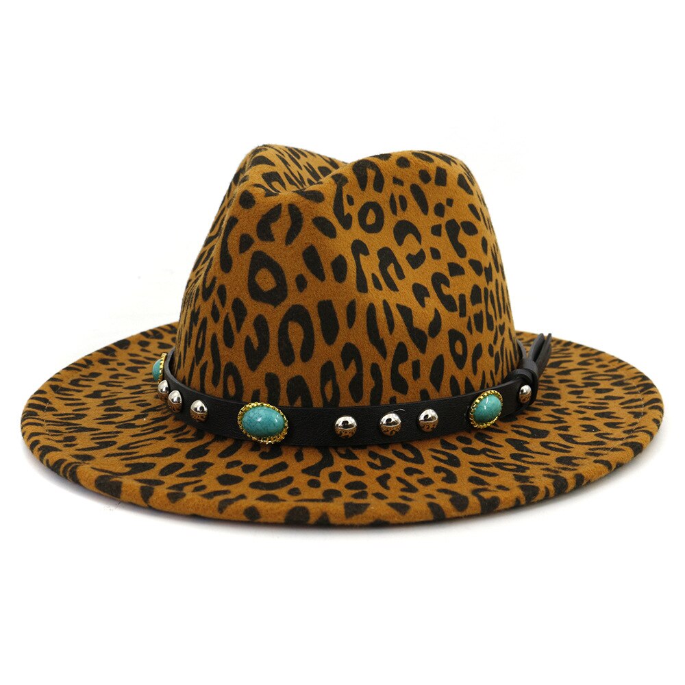 Qbhat unisex europeisk stil dam ull fedorahattar med turkos läder band bred brätte leopardmönstrad jazz filt hatt: Kaki