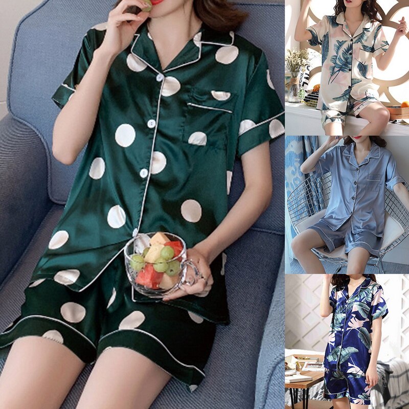 Women Summer Comfortable Lapel Button Short Sleeve Shorts Pajamas Suit Two Piece Home Suit