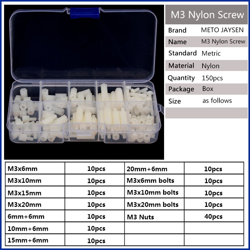 M3 mannelijke vrouwelijke zeskant nylon afstandshouder afstandsschroef witte afstandsschroef kunststof schroefmoer assortiment kit 150 stuks/set: Default Title