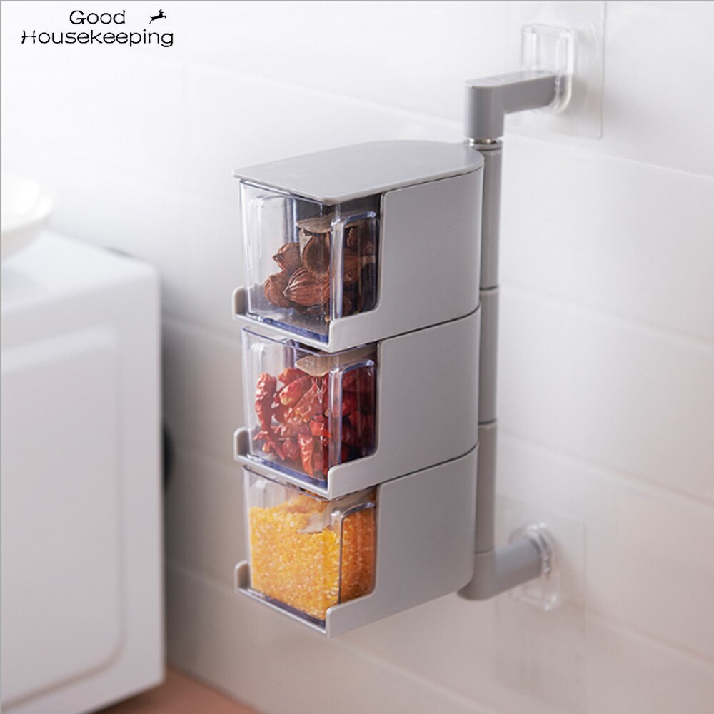 Multi-Tier 360 Degree Rotating Wall Mount Spice Rack Seasoning Storage Box Jars Organizer Condiment Containers Kitchen Tools