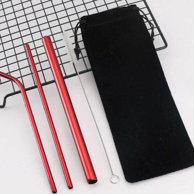 5PCS Reusable Metal Straw Eco Friendly 304 Stainless Steel Straw Cleaning Brush Pink Drinking Straws Bubble Tea Bag Pouch Set: Red