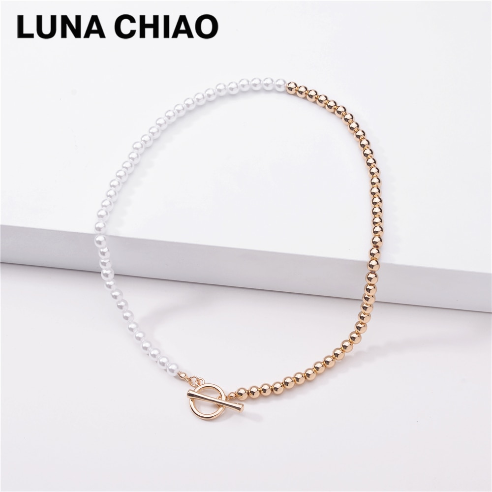 Luna chiao half ball chain half pearl strand gargantilha colar-cor de ouro empilhável chunky chain link colares para mulher