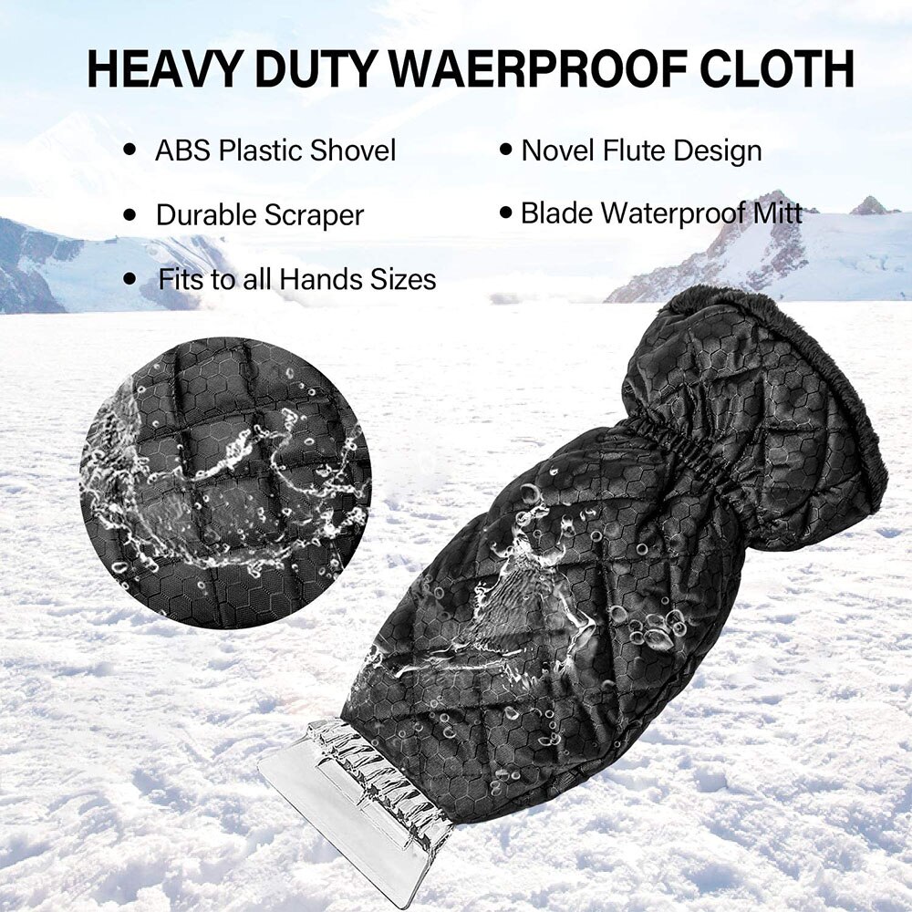 Ice Scraper with Mitt Waterproof Car Snow Scraper Glove Windscreen Scraper Lined of Thick Fleece with Closing Wristband