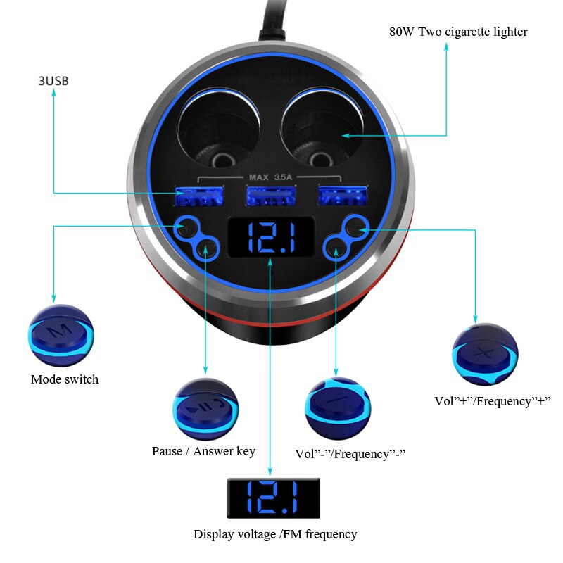 JINSERTA TF/Micro SD Muziek Mp3-speler Bluetooth Carkit Fm-zender HandsFree Sigarettenaansteker Splitter 3 Poorten USB Charger