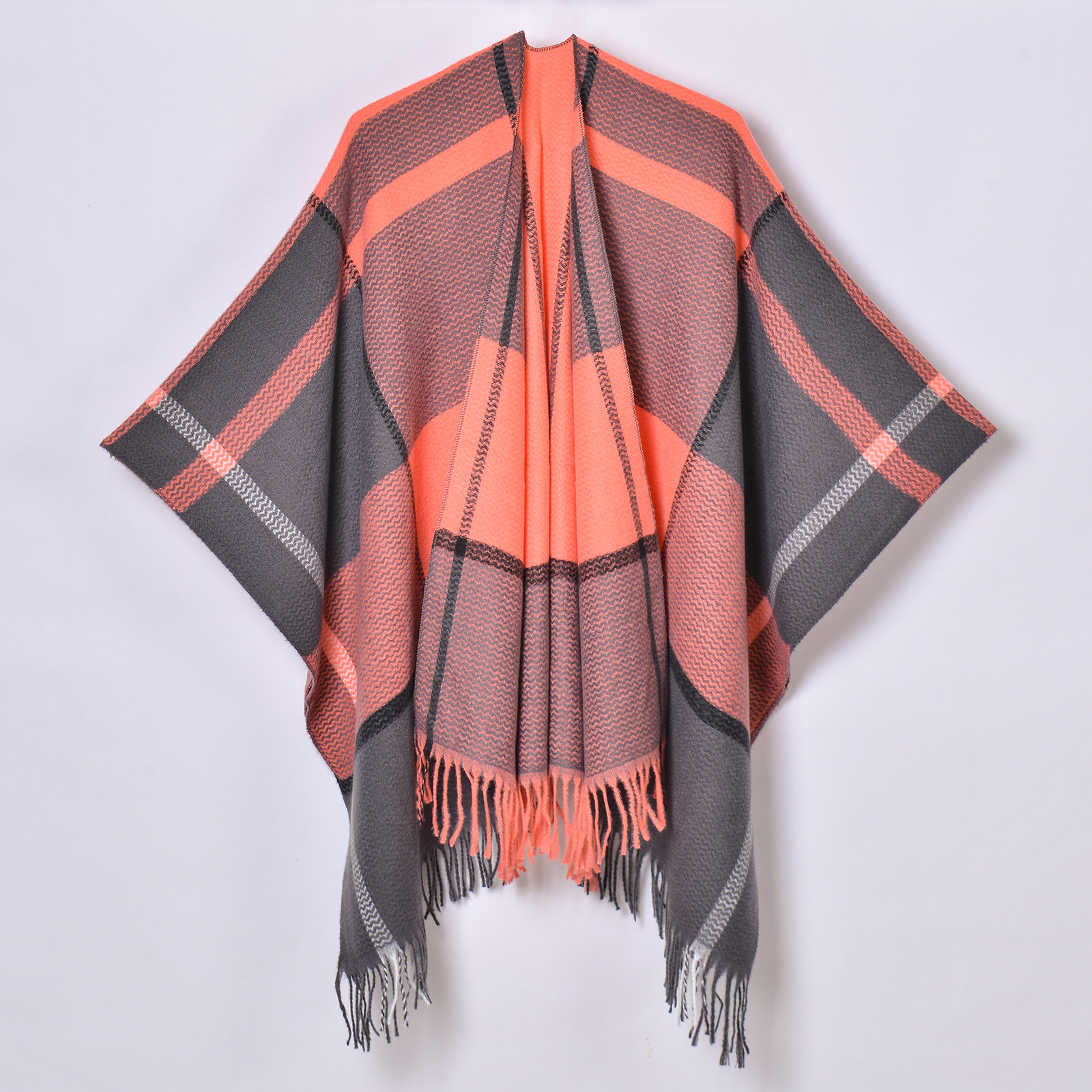 Autumn Winter Warm Tassel Cardigan Poncho Cape Blanket Women Knitted Jacquard Striped Outerwear Shawl Cloak: GRAY