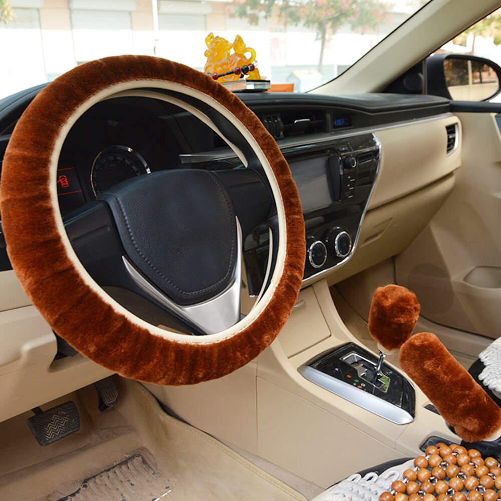 Housse De Volant Voiture En Peluche Rose 36-39cm - Set 3 Pièces Antidérapant Hiver