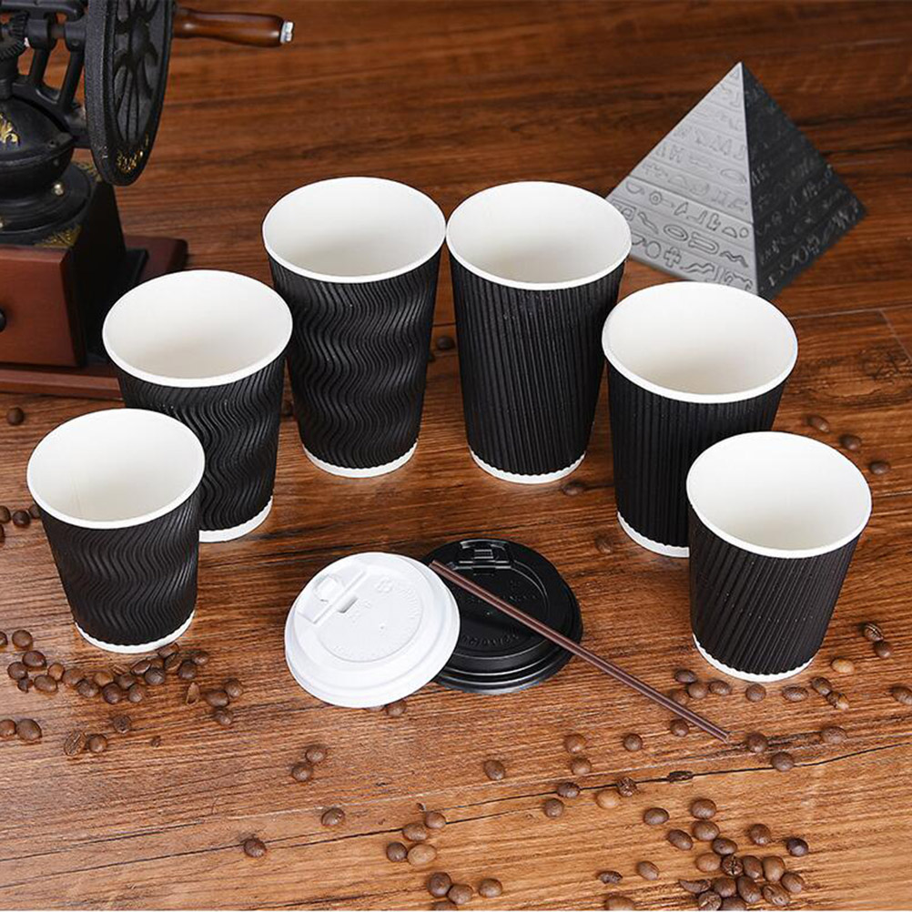 50 stuks Wegwerp Koffie Kopjes Isolatie Takeaway Schroefdraad Papier Cup met Deksel (8 oz, Witte Deksel, zwart Cup)