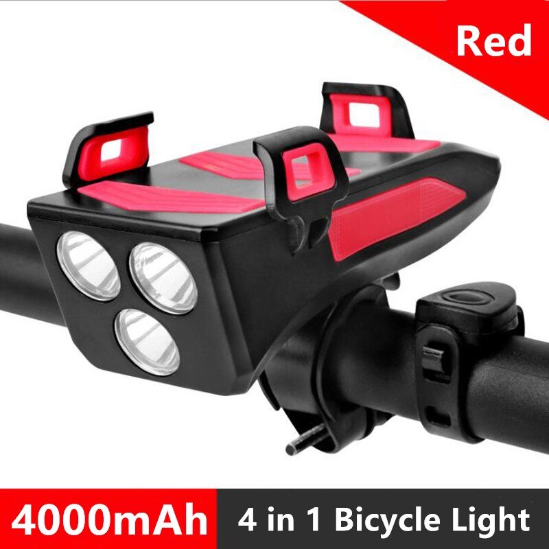 Multi-funktion USB Aufladbare Fahrrad Licht Kopf Lampe Telefon Halfter mit Fahrrad Horn Glocke 4in1 4000mAh MTB Radfahren Vorderseite Licht: 4000MAH rot