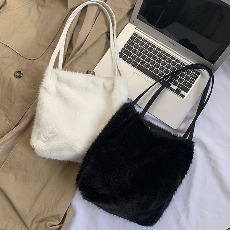 Fluffy tasker til kvinder toppe shopper shopping tote skulder luksus håndtasker faux fur simple female plys taske